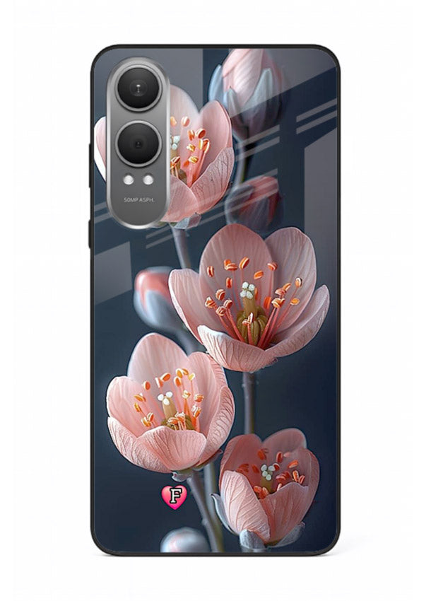 Cherry blossom vertical artwork on OnePlus Nord CE4 Lite glass back cover with soft pastel tones.