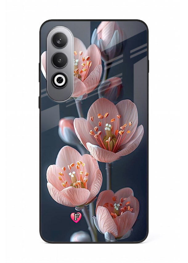 Cherry blossom vertical artwork on OnePlus Nord CE4 glass back cover with soft pastel tones.