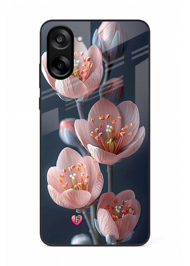 Cherry blossom vertical artwork on OnePlus Nord CE5 glass back cover with soft pastel tones.
