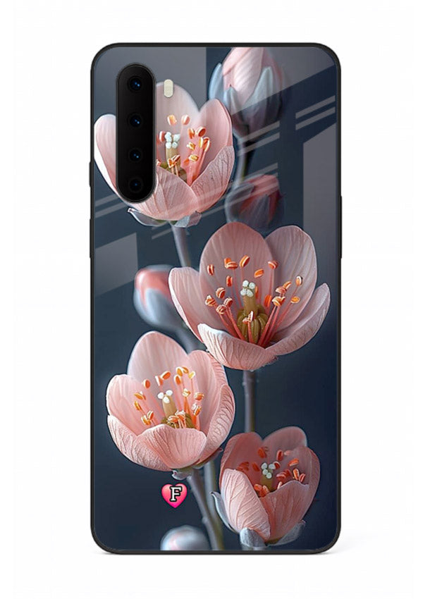 Cherry blossom vertical artwork on OnePlus Nord glass back cover with soft pastel tones.