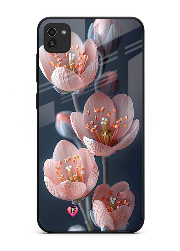 Cherry blossom vertical artwork on Samsung A03 glass back cover with soft pastel tones.