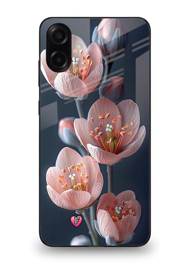 Cherry blossom vertical artwork on Samsung M13 5G glass back cover with soft pastel tones.