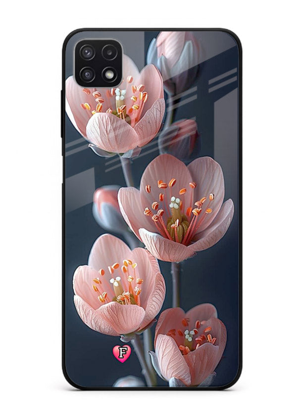 Cherry blossom vertical artwork on Samsung F42 5G glass back cover with soft pastel tones.