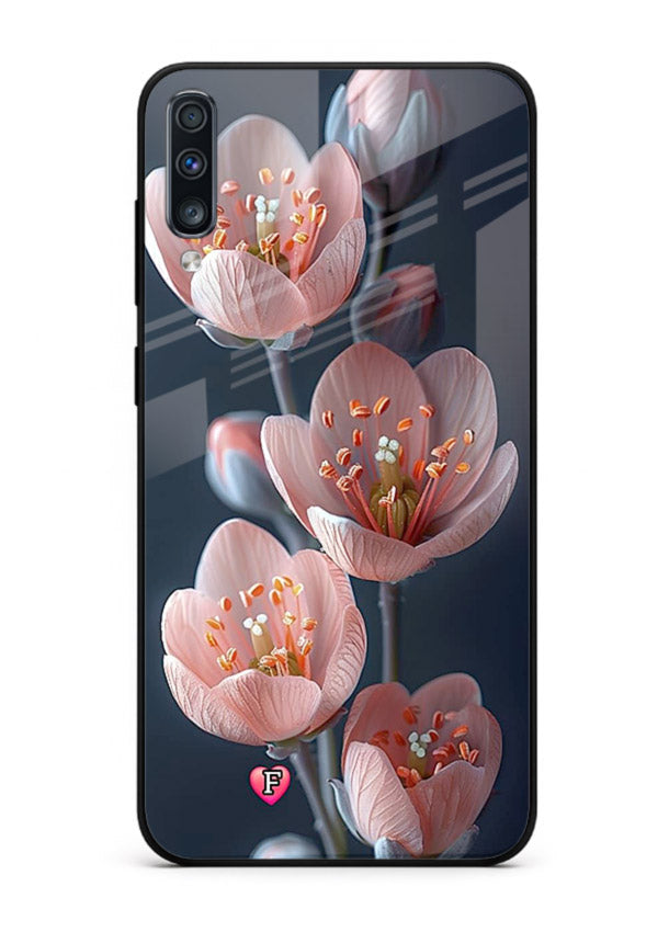 Cherry blossom vertical artwork on Samsung A70 glass back cover with soft pastel tones.
