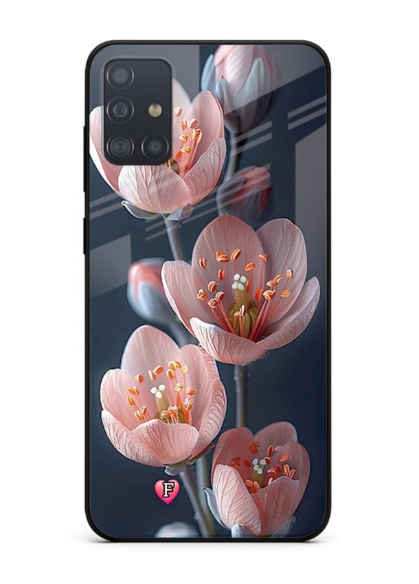 Cherry blossom vertical artwork on Samsung A71 glass back cover with soft pastel tones.