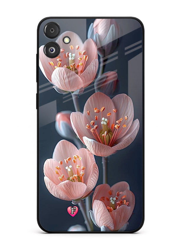 Cherry blossom vertical artwork on Samsung F14 5G glass back cover with soft pastel tones.