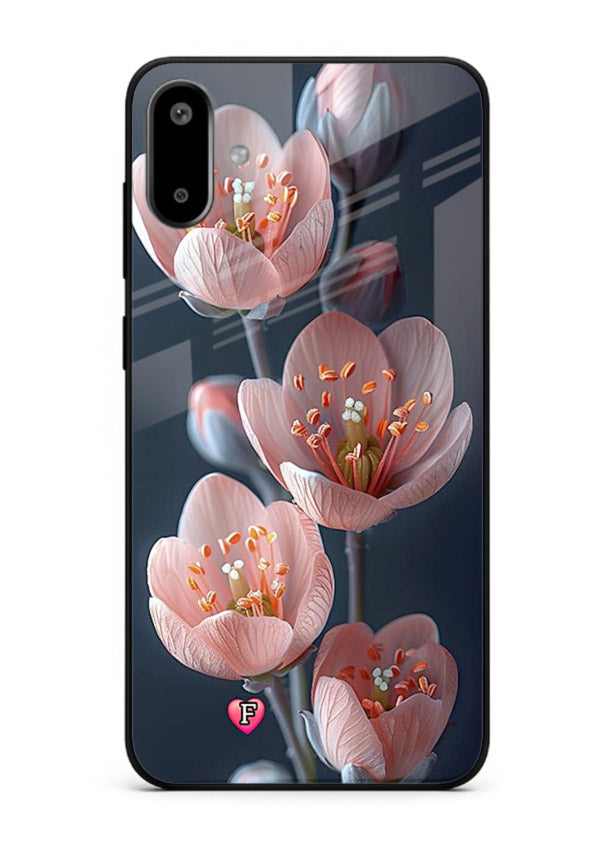 Cherry blossom vertical artwork on Samsung F06 5G glass back cover with soft pastel tones.