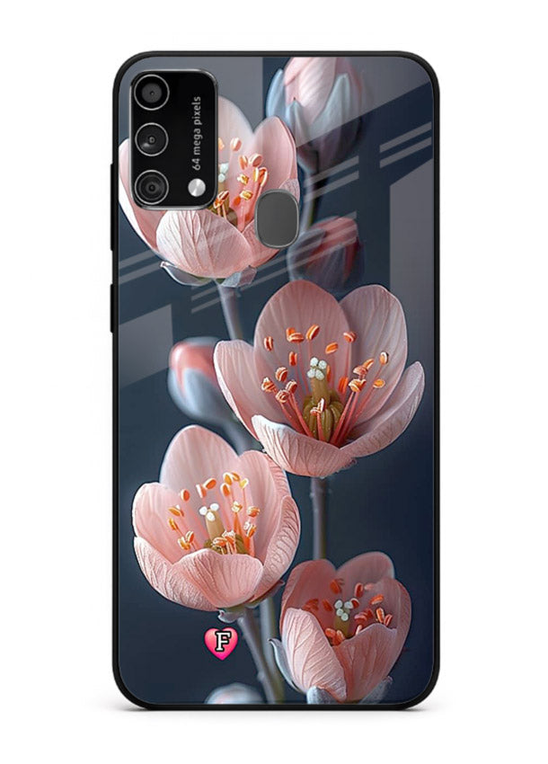 Cherry blossom vertical artwork on Samsung F41 glass back cover with soft pastel tones.