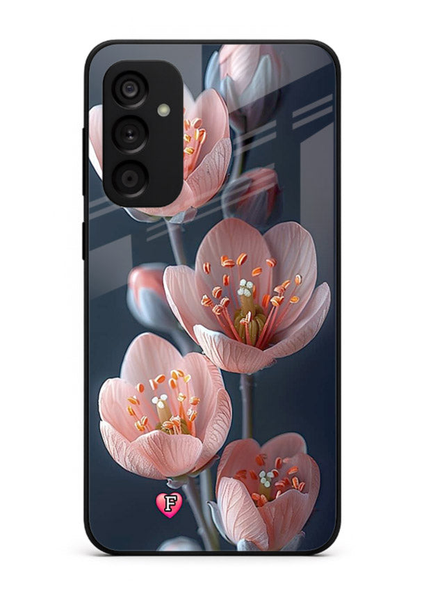 Cherry blossom vertical artwork on Samsung A15 5G glass back cover with soft pastel tones.