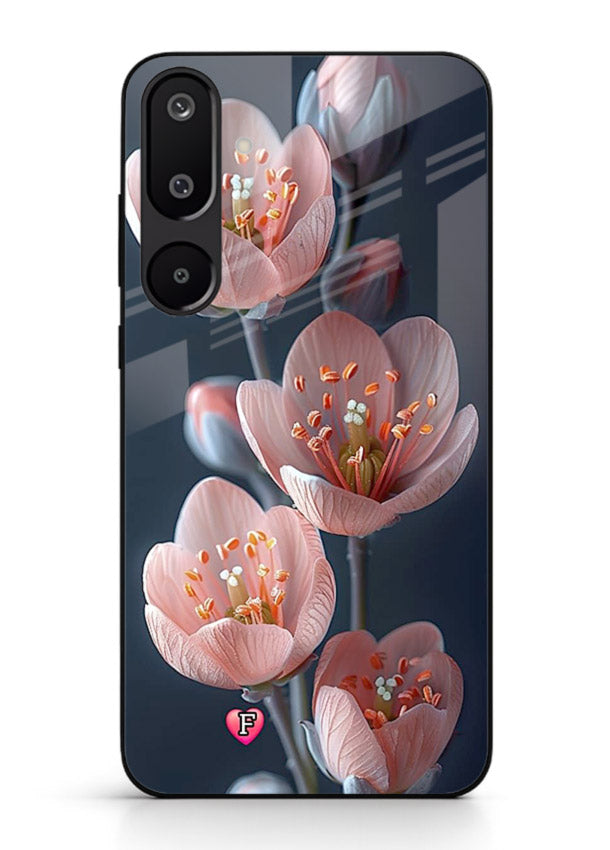 Cherry blossom vertical artwork on Samsung M16 5G glass back cover with soft pastel tones.