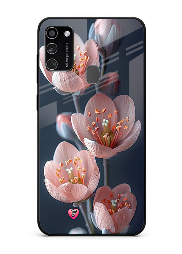 Cherry blossom vertical artwork on Samsung M30s glass back cover with soft pastel tones.