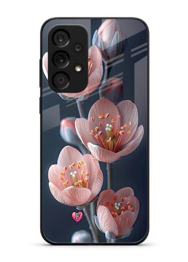 Cherry blossom vertical artwork on Samsung A33 5G glass back cover with soft pastel tones.