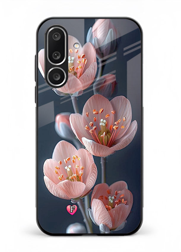 Cherry blossom vertical artwork on Samsung M36 5G glass back cover with soft pastel tones.