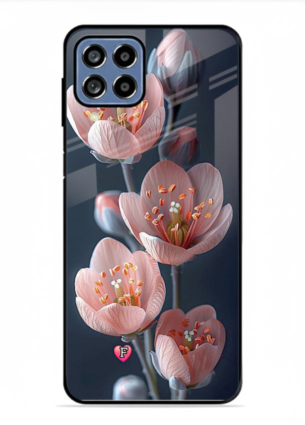 Cherry blossom vertical artwork on Samsung M33 5G glass back cover with soft pastel tones.