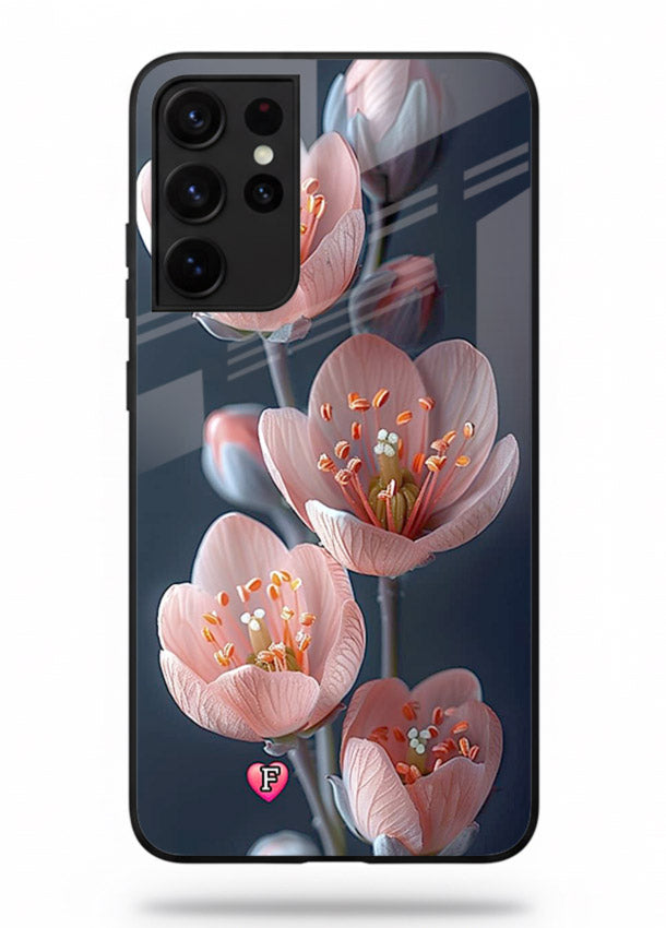 Cherry blossom vertical artwork on Samsung S21 Ultra glass back cover with soft pastel tones.