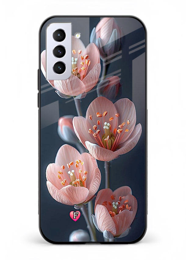 Cherry blossom vertical artwork on Samsung S21 FE glass back cover with soft pastel tones.