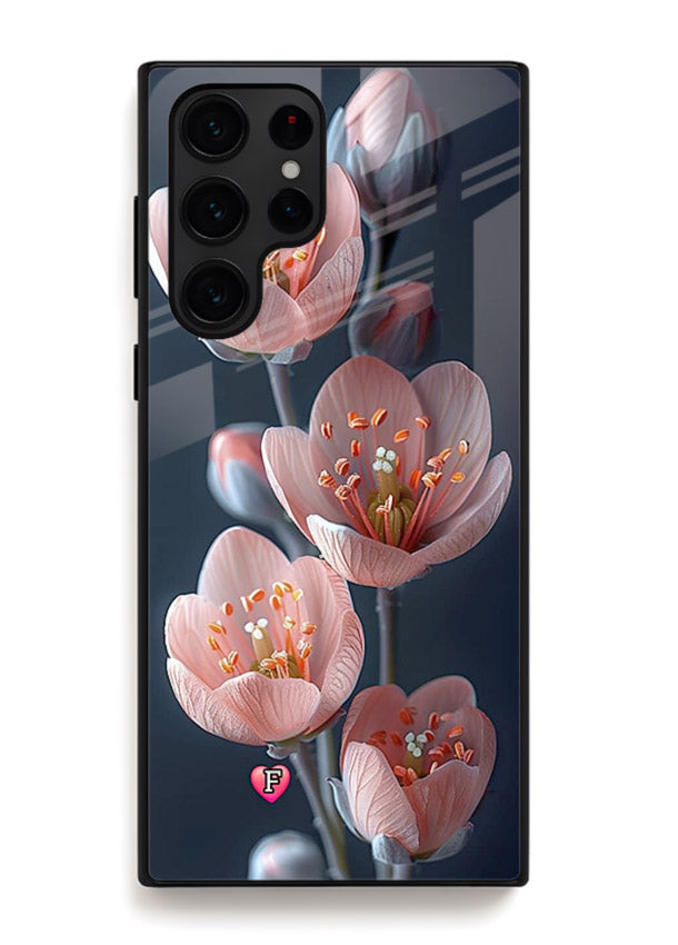 Cherry blossom vertical artwork on Samsung S25 Ultra glass back cover with soft pastel tones.