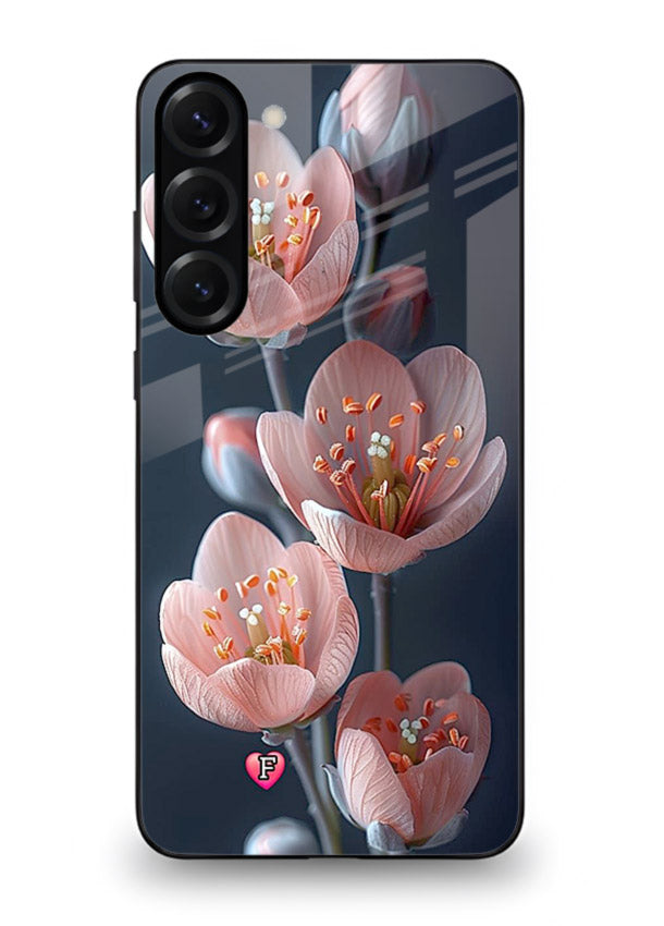 Cherry blossom vertical artwork on Samsung S23 glass back cover with soft pastel tones.