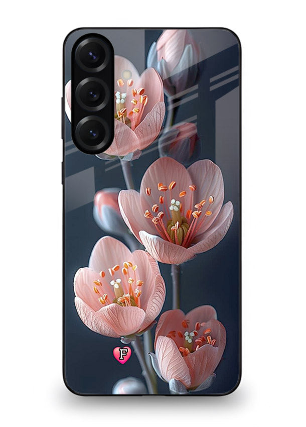 Cherry blossom vertical artwork on Samsung A56 5G glass back cover with soft pastel tones.