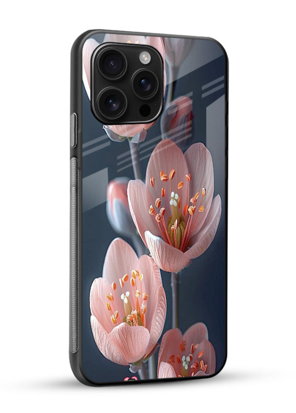 Cherry blossom vertical artwork on glossy vibrant premium glass back cover with soft pastel tones. - Angle Side