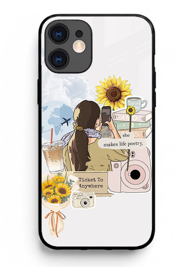 Pastel floral happiness quote printed on iphone 12 glass back cover with cheerful tones.