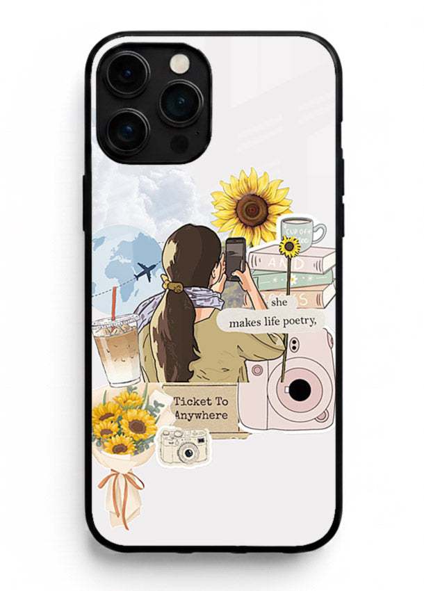 Pastel floral happiness quote printed on iphone 15 pro max glass back cover with cheerful tones.