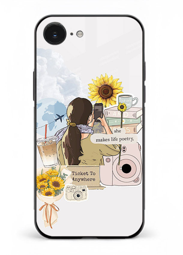 Pastel floral happiness quote printed on iphone 16e glass back cover with cheerful tones.