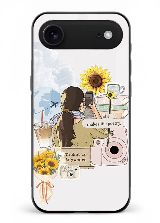 Pastel floral happiness quote printed on iphone 17 air glass back cover with cheerful tones.