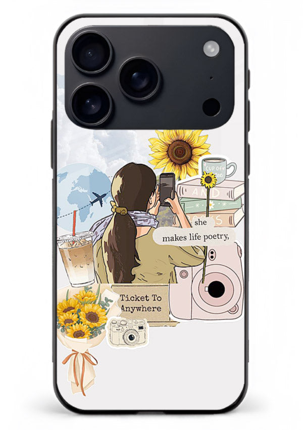 Pastel floral happiness quote printed on iphone 17 pro max glass back cover with cheerful tones.