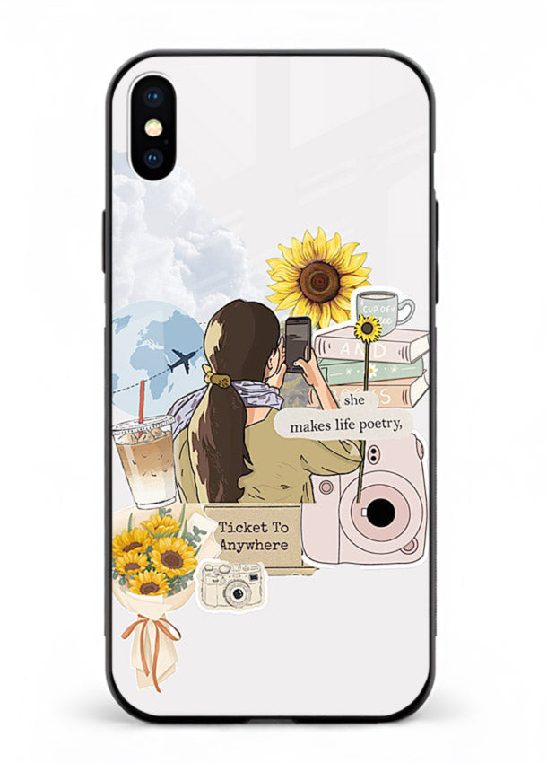 Pastel floral happiness quote printed on iphone xs max glass back cover with cheerful tones.