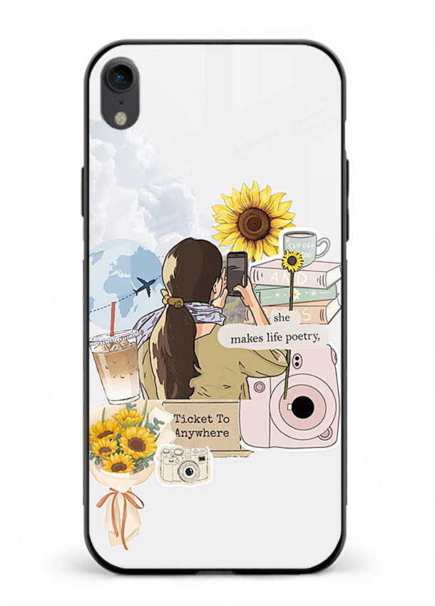 Pastel floral happiness quote printed on iphone xr glass back cover with cheerful tones.