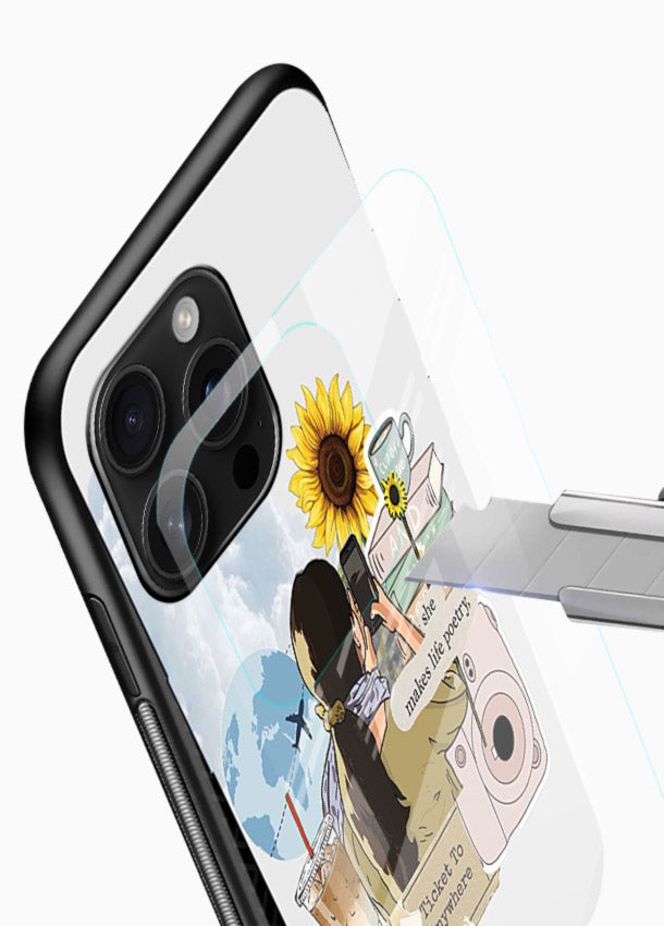Pastel floral happiness quote printed on glossy vibrant premium glass back cover with cheerful tones. - Angle Blade