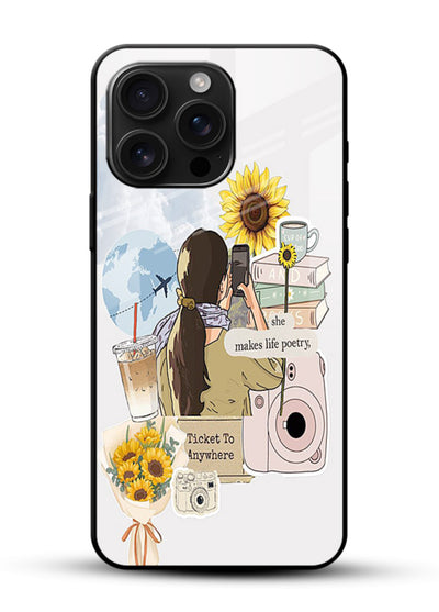 Pastel floral happiness quote printed on glossy vibrant premium glass back cover with cheerful tones. - Angle Front