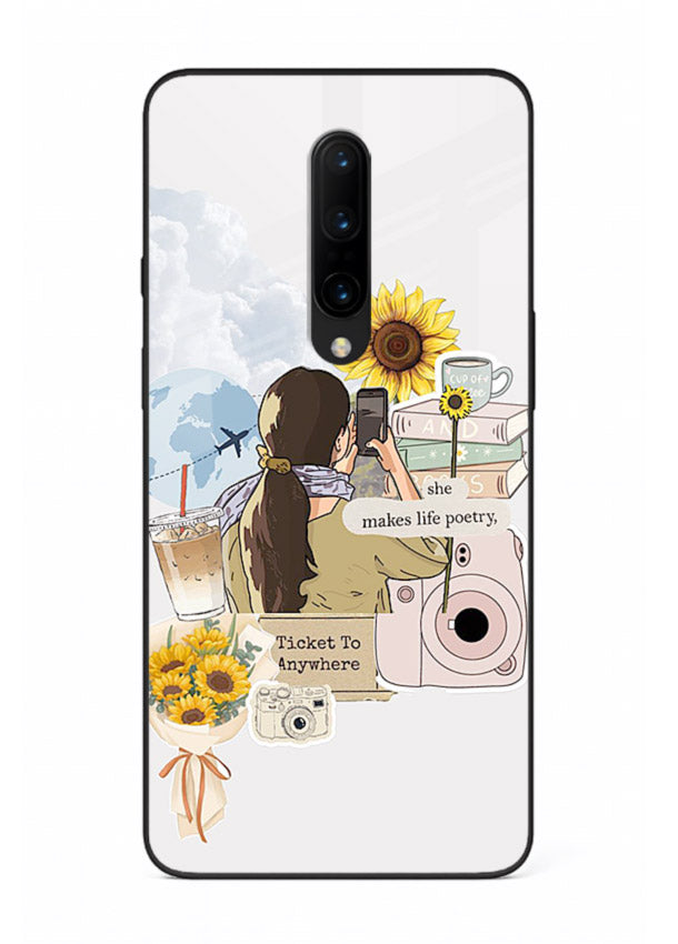 Pastel floral happiness quote printed on OnePlus 7T Pro glass back cover with cheerful tones.