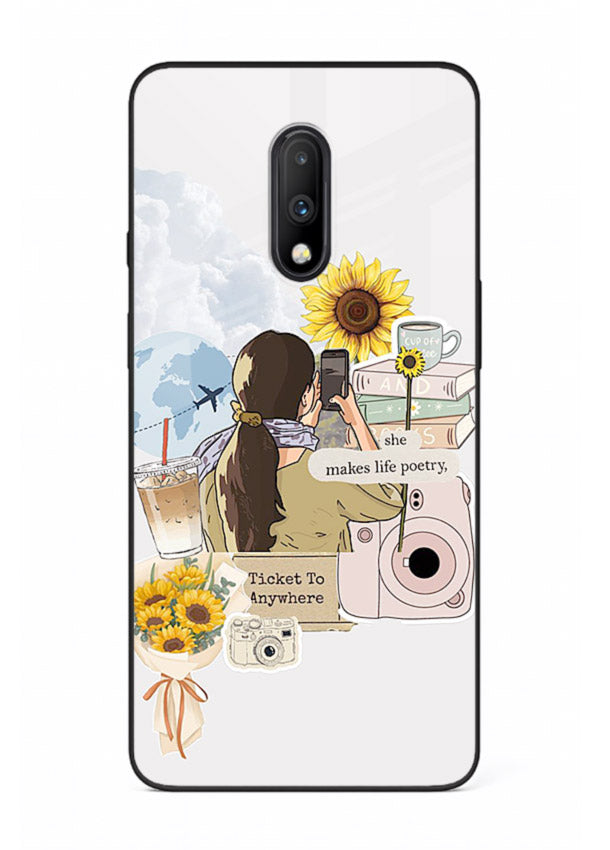 Pastel floral happiness quote printed on OnePlus 7 glass back cover with cheerful tones.