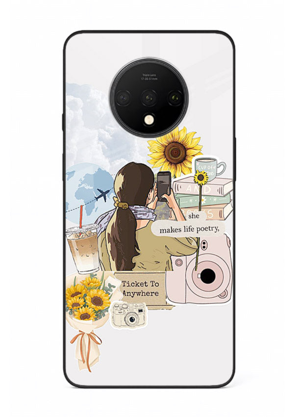 Pastel floral happiness quote printed on OnePlus 7T glass back cover with cheerful tones.