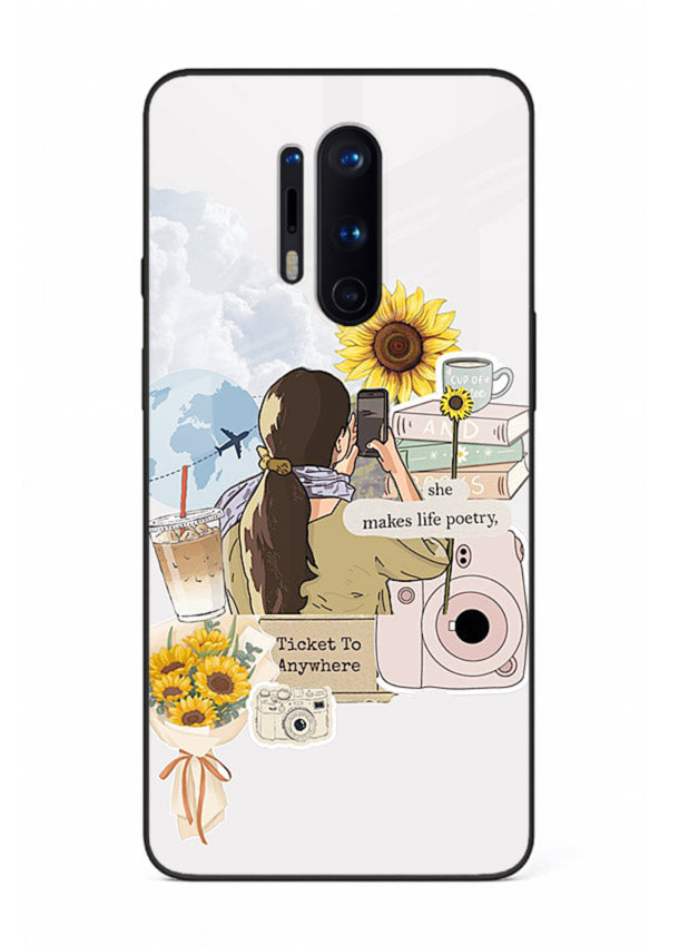 Pastel floral happiness quote printed on OnePlus 8 Pro glass back cover with cheerful tones.