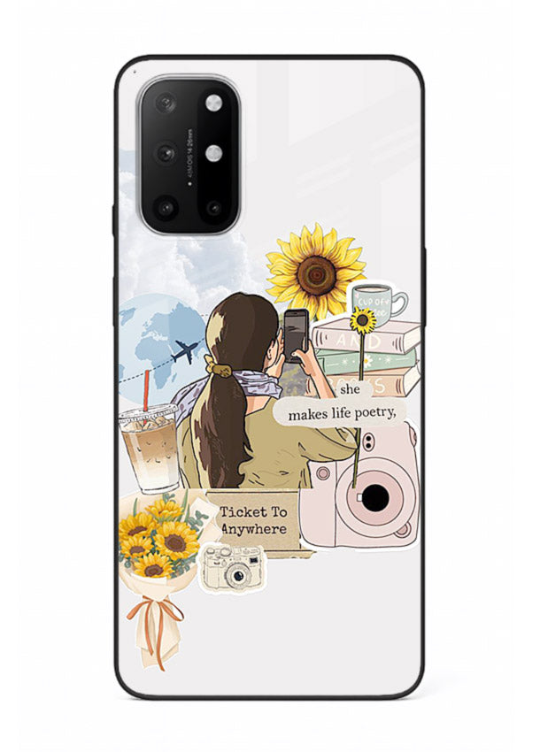 Pastel floral happiness quote printed on OnePlus 8T glass back cover with cheerful tones.