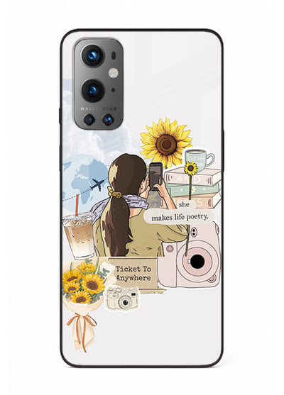 Pastel floral happiness quote printed on OnePlus 9 glass back cover with cheerful tones.