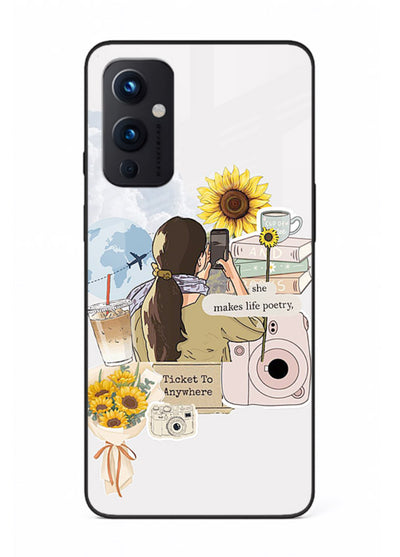 Pastel floral happiness quote printed on OnePlus 9 Pro glass back cover with cheerful tones.