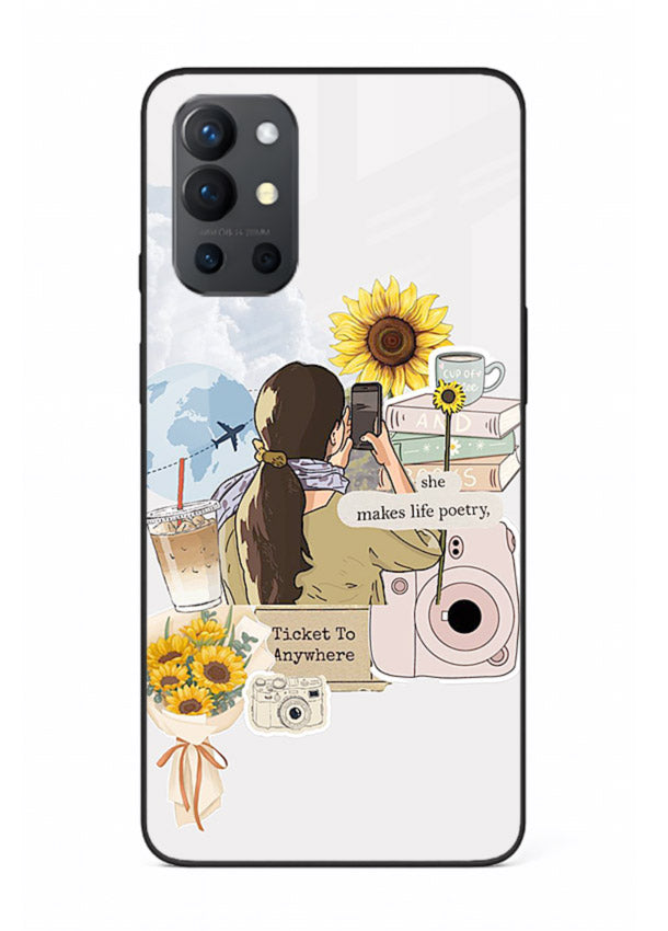 Pastel floral happiness quote printed on OnePlus 9R glass back cover with cheerful tones.