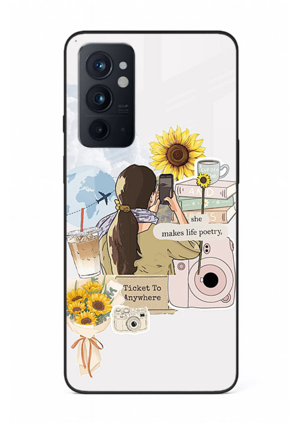 Pastel floral happiness quote printed on OnePlus 9RT glass back cover with cheerful tones.