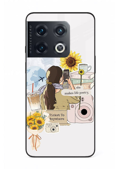 Pastel floral happiness quote printed on OnePlus 10 Pro glass back cover with cheerful tones.