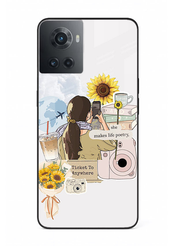Pastel floral happiness quote printed on OnePlus 10R glass back cover with cheerful tones.