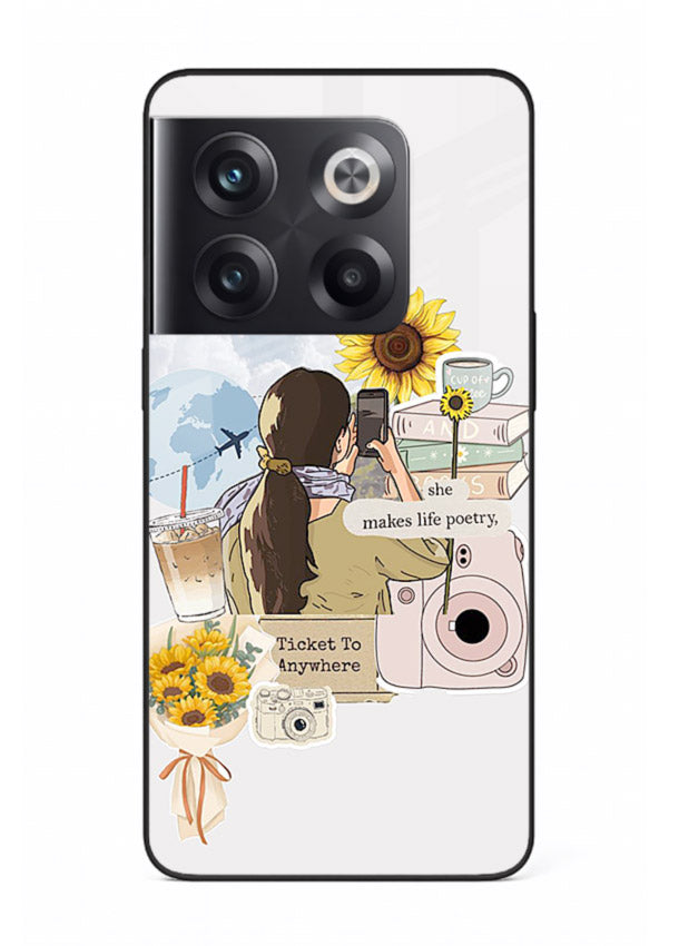 Pastel floral happiness quote printed on OnePlus 10T glass back cover with cheerful tones.