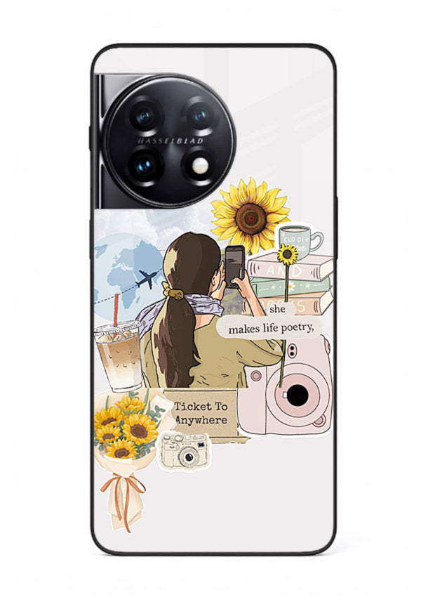 Pastel floral happiness quote printed on OnePlus 11 glass back cover with cheerful tones.