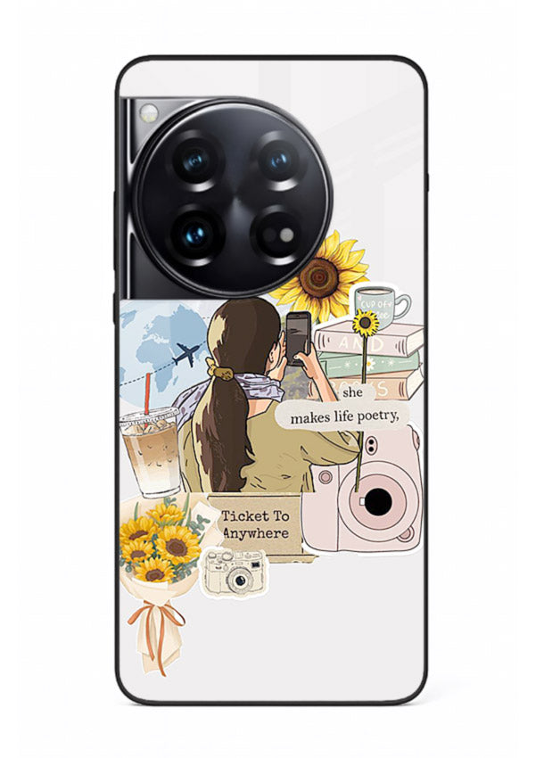 Pastel floral happiness quote printed on OnePlus 12 glass back cover with cheerful tones.