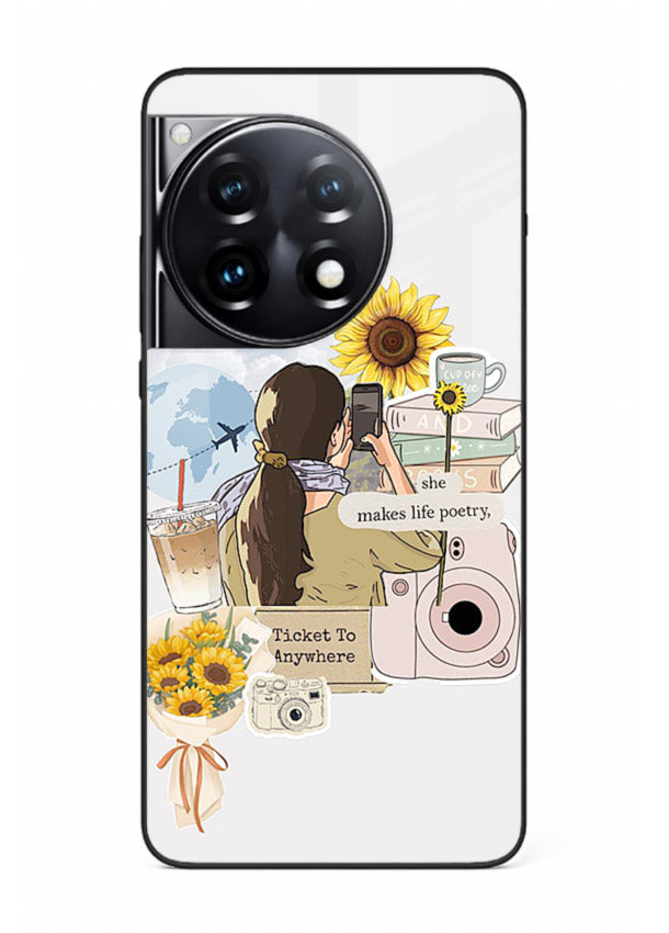 Pastel floral happiness quote printed on OnePlus 12R glass back cover with cheerful tones.