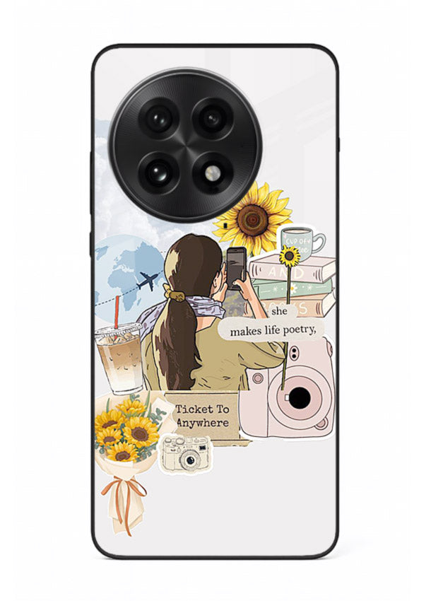 Pastel floral happiness quote printed on OnePlus 13R glass back cover with cheerful tones.