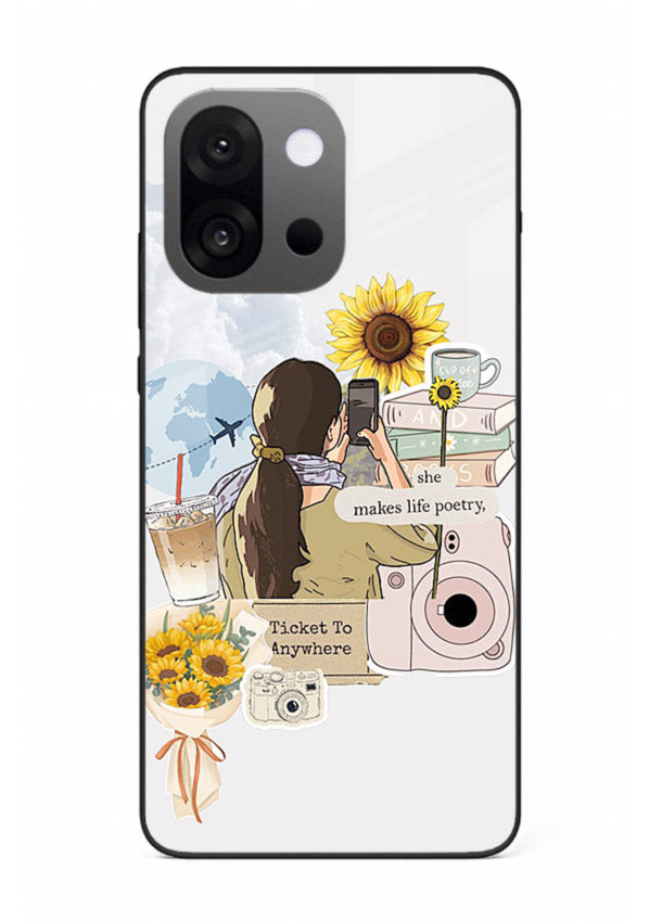 Pastel floral happiness quote printed on OnePlus 13s glass back cover with cheerful tones.